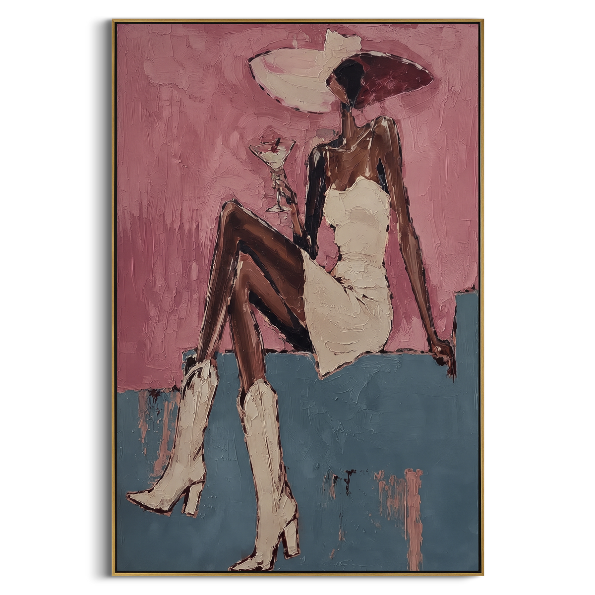 Pink Wall Seated White Dress focuses on seated woman in white dress and pink hat against rose wall and blue ledge. The composition is built from the exact pose, clothing shape, accessories, furniture, animal form, shoreline, palm shape, surfboard, or table arrangement visible in this artwork, so the image reads as a specific modern figurative painting rather than a generic decorative abstract. The pink; white; blue palette gives the piece its main atmosphere, while smaller dark and light accents