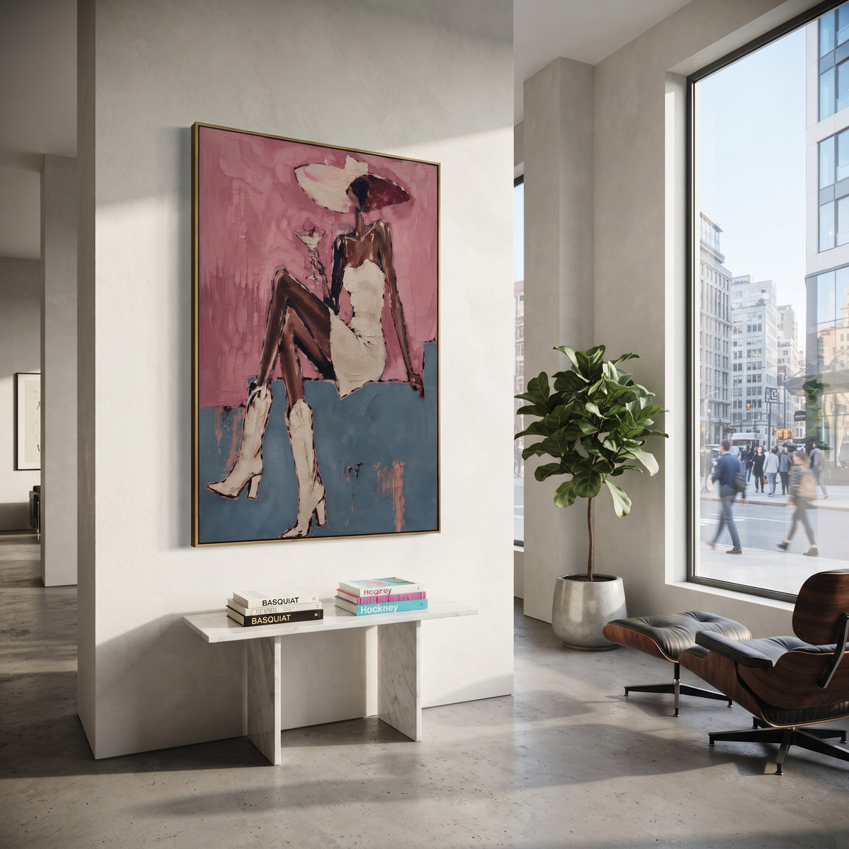 Pink Wall Seated White Dress focuses on seated woman in white dress and pink hat against rose wall and blue ledge. The composition is built from the exact pose, clothing shape, accessories, furniture, animal form, shoreline, palm shape, surfboard, or table arrangement visible in this artwork, so the image reads as a specific modern figurative painting rather than a generic decorative abstract. The pink; white; blue palette gives the piece its main atmosphere, while smaller dark and light accents