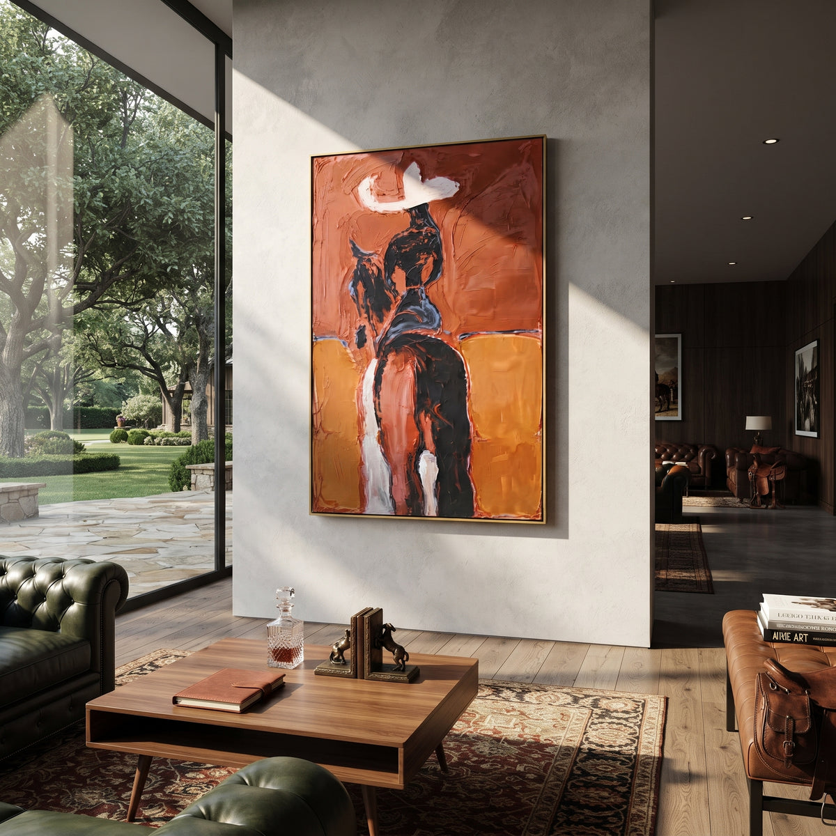 Rust Horse Rider Back focuses on rear view cowgirl on dark horse with white hat against rust orange blocks. The composition is built from the exact pose, clothing shape, accessories, furniture, animal form, shoreline, palm shape, surfboard, or table arrangement visible in this artwork, so the image reads as a specific modern figurative painting rather than a generic decorative abstract. The rust; black; white palette gives the piece its main atmosphere, while smaller dark and light accents