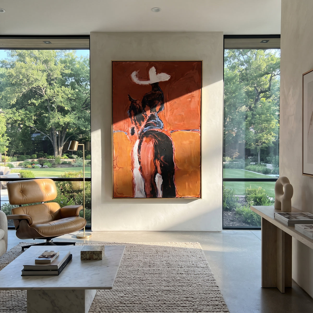 Rust Horse Rider Back focuses on rear view cowgirl on dark horse with white hat against rust orange blocks. The composition is built from the exact pose, clothing shape, accessories, furniture, animal form, shoreline, palm shape, surfboard, or table arrangement visible in this artwork, so the image reads as a specific modern figurative painting rather than a generic decorative abstract. The rust; black; white palette gives the piece its main atmosphere, while smaller dark and light accents