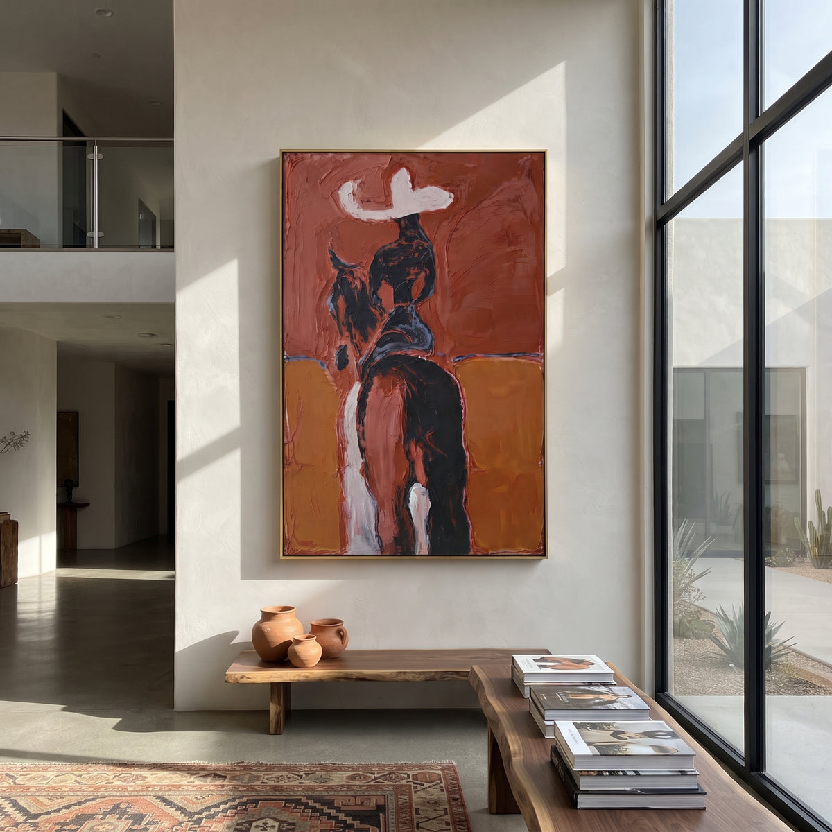 Rust Horse Rider Back focuses on rear view cowgirl on dark horse with white hat against rust orange blocks. The composition is built from the exact pose, clothing shape, accessories, furniture, animal form, shoreline, palm shape, surfboard, or table arrangement visible in this artwork, so the image reads as a specific modern figurative painting rather than a generic decorative abstract. The rust; black; white palette gives the piece its main atmosphere, while smaller dark and light accents