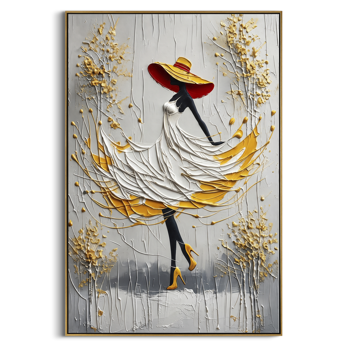 White Dress Golden Leaf Walk focuses on woman in raised white dress and yellow underskirt walking among golden branches on a grey ground. The composition is built from the exact pose, clothing shape, accessories, furniture, animal form, shoreline, palm shape, surfboard, or table arrangement visible in this artwork, so the image reads as a specific modern figurative painting rather than a generic decorative abstract. The white; yellow; grey palette gives the piece its main atmosphere, while