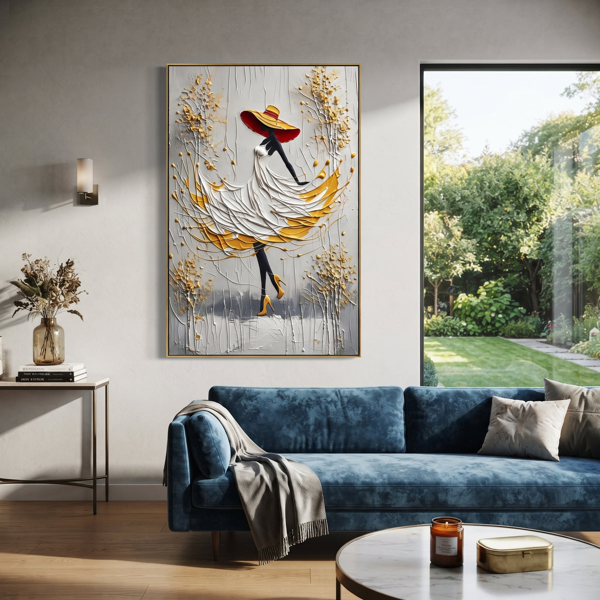 White Dress Golden Leaf Walk focuses on woman in raised white dress and yellow underskirt walking among golden branches on a grey ground. The composition is built from the exact pose, clothing shape, accessories, furniture, animal form, shoreline, palm shape, surfboard, or table arrangement visible in this artwork, so the image reads as a specific modern figurative painting rather than a generic decorative abstract. The white; yellow; grey palette gives the piece its main atmosphere, while
