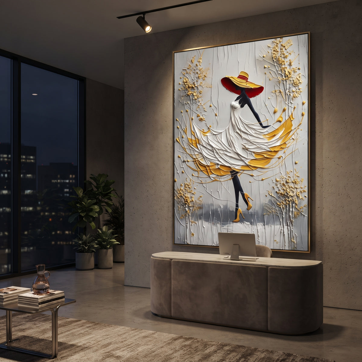 White Dress Golden Leaf Walk focuses on woman in raised white dress and yellow underskirt walking among golden branches on a grey ground. The composition is built from the exact pose, clothing shape, accessories, furniture, animal form, shoreline, palm shape, surfboard, or table arrangement visible in this artwork, so the image reads as a specific modern figurative painting rather than a generic decorative abstract. The white; yellow; grey palette gives the piece its main atmosphere, while