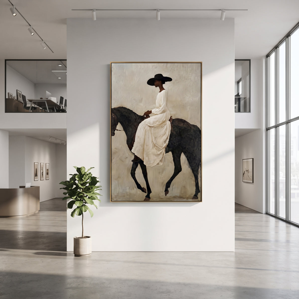 White Gown Black Horse Ride focuses on woman in flowing white gown riding black horse across pale grey ground. The composition is built from the exact pose, clothing shape, accessories, furniture, animal form, shoreline, palm shape, surfboard, or table arrangement visible in this artwork, so the image reads as a specific modern figurative painting rather than a generic decorative abstract. The white; black; grey palette gives the piece its main atmosphere, while smaller dark and light accents