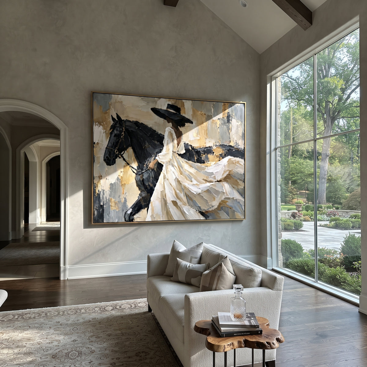 White Dress Horse Side Sweep focuses on horizontal horse and white dress rider with sweeping gown across beige abstract field. The composition is built from the exact pose, clothing shape, accessories, furniture, animal form, shoreline, palm shape, surfboard, or table arrangement visible in this artwork, so the image reads as a specific modern figurative painting rather than a generic decorative abstract. The white; black; beige palette gives the piece its main atmosphere, while smaller dark and
