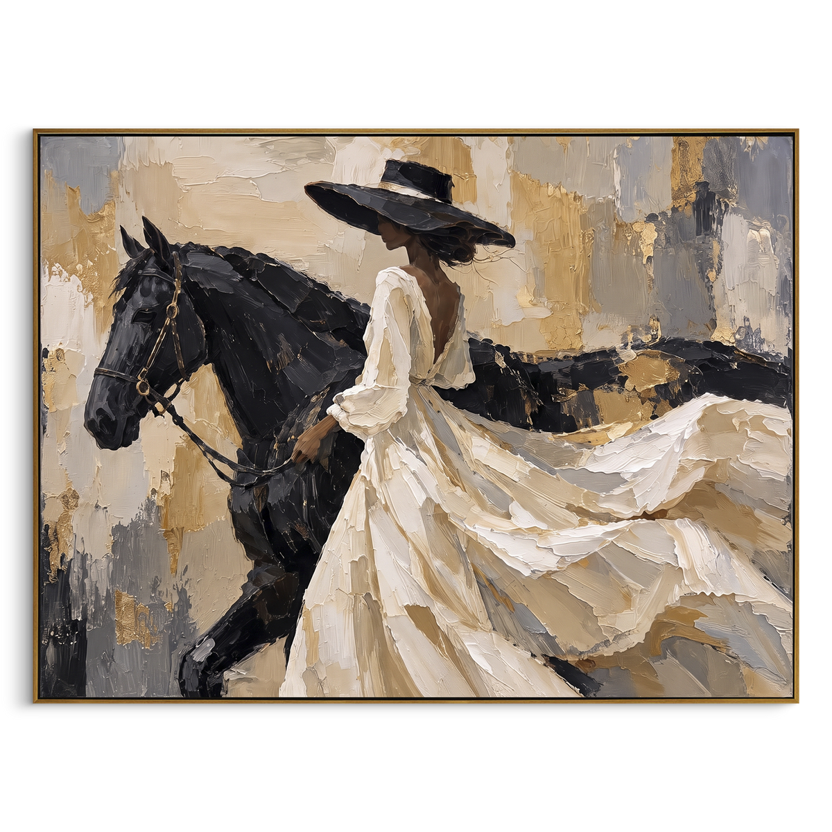 White Dress Horse Side Sweep focuses on horizontal horse and white dress rider with sweeping gown across beige abstract field. The composition is built from the exact pose, clothing shape, accessories, furniture, animal form, shoreline, palm shape, surfboard, or table arrangement visible in this artwork, so the image reads as a specific modern figurative painting rather than a generic decorative abstract. The white; black; beige palette gives the piece its main atmosphere, while smaller dark and