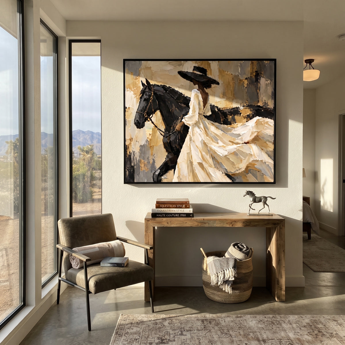 White Dress Horse Side Sweep focuses on horizontal horse and white dress rider with sweeping gown across beige abstract field. The composition is built from the exact pose, clothing shape, accessories, furniture, animal form, shoreline, palm shape, surfboard, or table arrangement visible in this artwork, so the image reads as a specific modern figurative painting rather than a generic decorative abstract. The white; black; beige palette gives the piece its main atmosphere, while smaller dark and