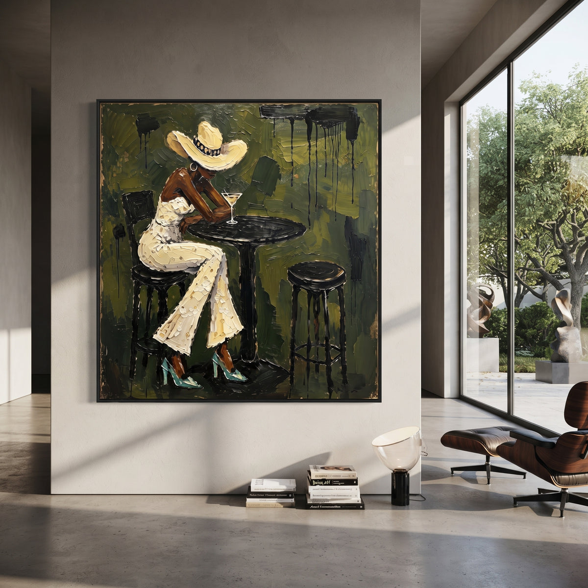 Olive Cafe White Suit Figure focuses on woman in white suit and wide hat seated at black round cafe table on olive wall. The composition is built from the exact pose, clothing shape, accessories, furniture, animal form, shoreline, palm shape, surfboard, or table arrangement visible in this artwork, so the image reads as a specific modern figurative painting rather than a generic decorative abstract. The olive; cream; black palette gives the piece its main atmosphere, while smaller dark and light