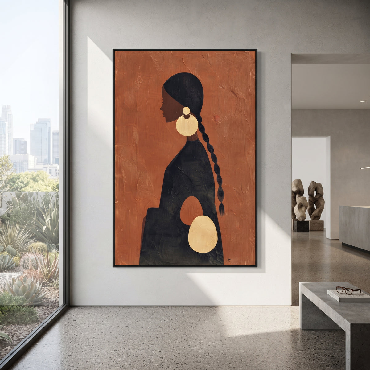 Orange Profile Gold Earrings focuses on profile portrait of black woman with long braid and oversized gold earrings on orange ground. The composition is built from the exact pose, clothing shape, accessories, furniture, animal form, shoreline, palm shape, surfboard, or table arrangement visible in this artwork, so the image reads as a specific modern figurative painting rather than a generic decorative abstract. The orange; black; gold palette gives the piece its main atmosphere, while smaller