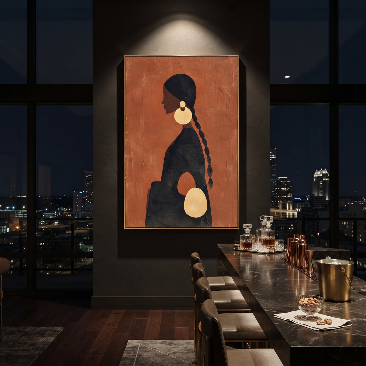 Orange Profile Gold Earrings focuses on profile portrait of black woman with long braid and oversized gold earrings on orange ground. The composition is built from the exact pose, clothing shape, accessories, furniture, animal form, shoreline, palm shape, surfboard, or table arrangement visible in this artwork, so the image reads as a specific modern figurative painting rather than a generic decorative abstract. The orange; black; gold palette gives the piece its main atmosphere, while smaller