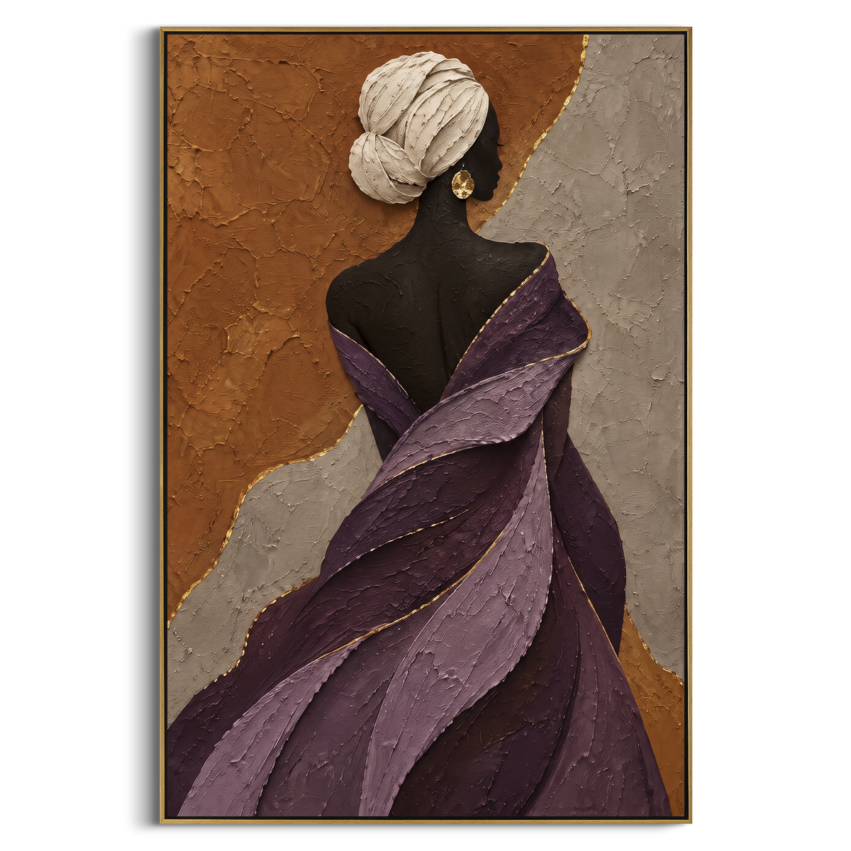Purple Shawl Back Portrait focuses on back portrait of woman wrapped in purple sculptural shawl with gold earring and white hair wrap. The composition is built from the exact pose, clothing shape, accessories, furniture, animal form, shoreline, palm shape, surfboard, or table arrangement visible in this artwork, so the image reads as a specific modern figurative painting rather than a generic decorative abstract. The purple; black; gold palette gives the piece its main atmosphere, while smaller