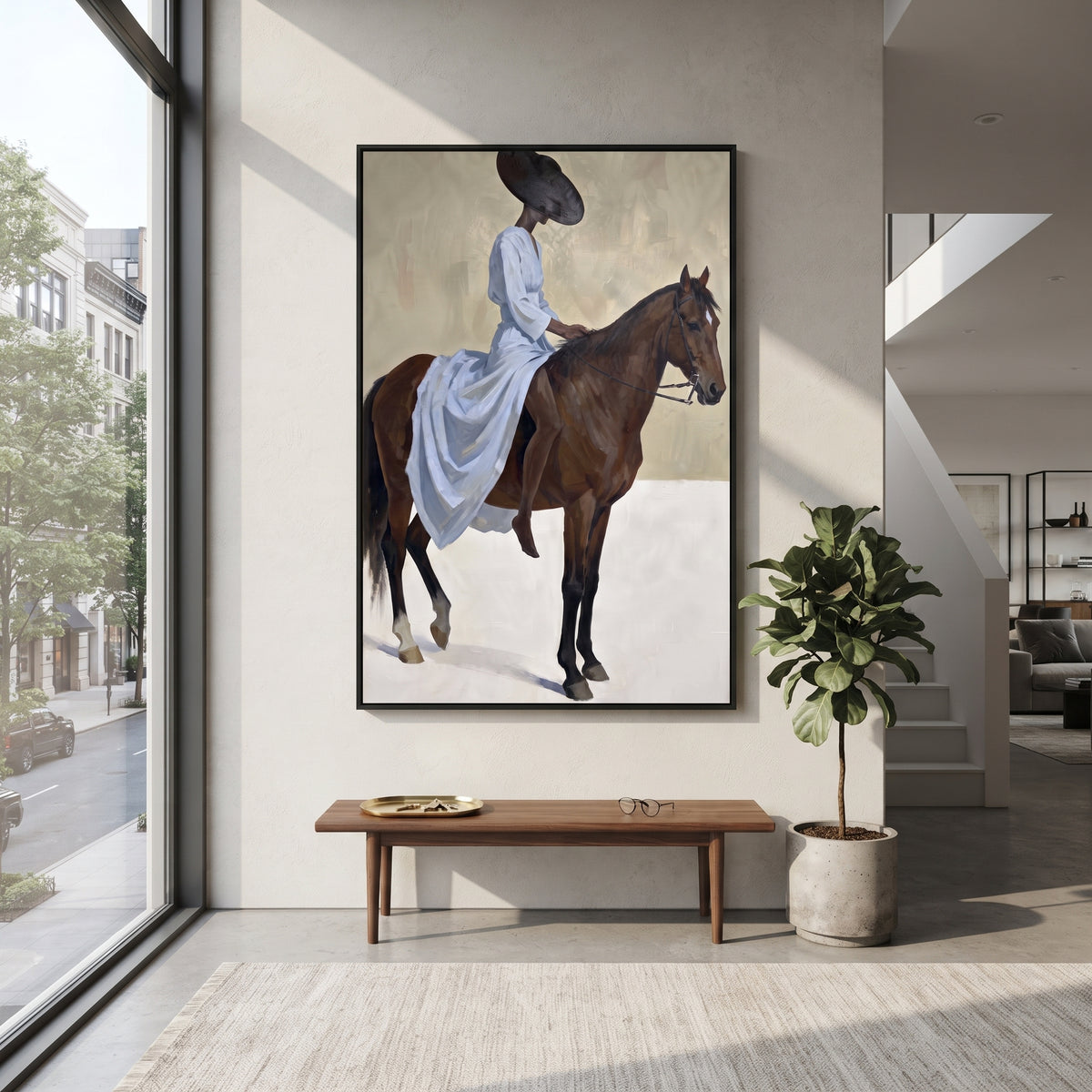 Blue Dress Horse Ride focuses on woman in pale blue dress riding brown horse across bright white ground. The composition is built from the exact pose, clothing shape, accessories, furniture, animal form, shoreline, palm shape, surfboard, or table arrangement visible in this artwork, so the image reads as a specific modern figurative painting rather than a generic decorative abstract. The blue; brown; cream palette gives the piece its main atmosphere, while smaller dark and light accents define