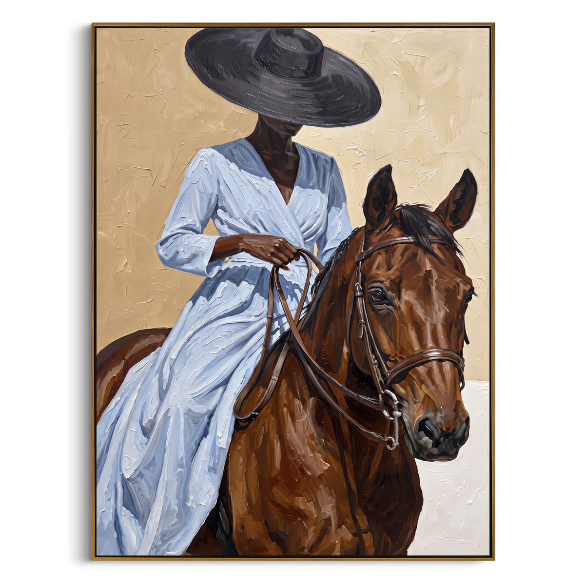 Blue Dress Horse Close Reins focuses on blue dress horse close reins with pale blue dress, broad black hat, brown horse body, reins, shadows, and cream studio ground. The composition is built from the exact pose, clothing shape, accessories, furniture, animal form, shoreline, palm shape, surfboard, or table arrangement visible in this artwork, so the image reads as a specific modern figurative painting rather than a generic decorative abstract. The blue; brown; cream palette gives the piece its