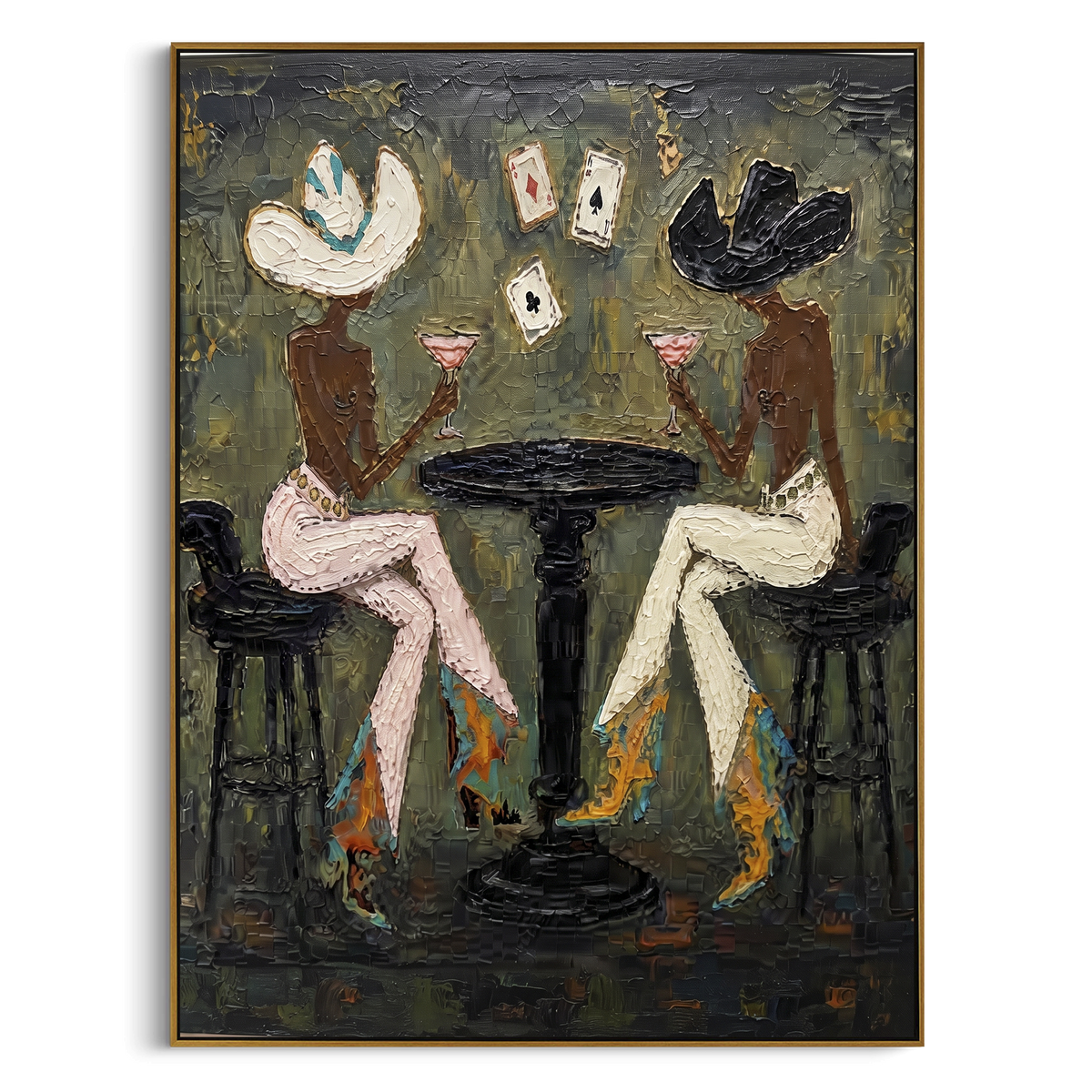 Cowgirl Card Table Pair focuses on cowgirl card table square with two western figures, wide hats, black table or bar surface, martini glasses, floating playing cards, and dark olive saloon ground. The composition is built from the exact pose, clothing shape, accessories, furniture, animal form, shoreline, palm shape, surfboard, or table arrangement visible in this artwork, so the image reads as a specific modern figurative painting rather than a generic decorative abstract. The green; pink