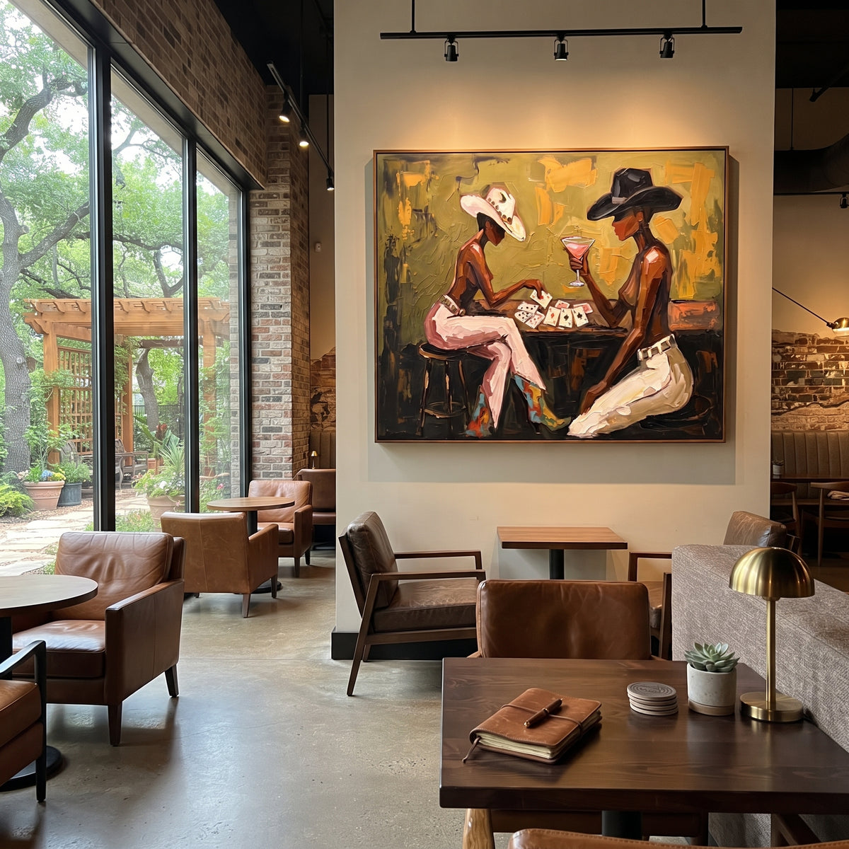 Cowgirl Poker Close Table focuses on cowgirl poker close table with two western figures, wide hats, black table or bar surface, martini glasses, floating playing cards, and dark olive saloon ground. The composition is built from the exact pose, clothing shape, accessories, furniture, animal form, shoreline, palm shape, surfboard, or table arrangement visible in this artwork, so the image reads as a specific modern figurative painting rather than a generic decorative abstract. The green; pink