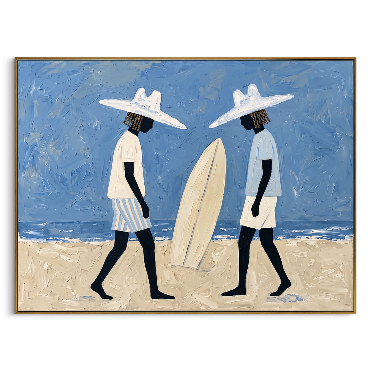 Palm Shade Surfboard Figure focuses on palm shade surfboard figure with white hats, surfboard forms, beach horizon, palm or checkered floor details. The composition is built from the exact pose, clothing shape, accessories, furniture, animal form, shoreline, palm shape, surfboard, or table arrangement visible in this artwork, so the image reads as a specific modern figurative painting rather than a generic decorative abstract. The blue; white; sand palette gives the piece its main atmosphere