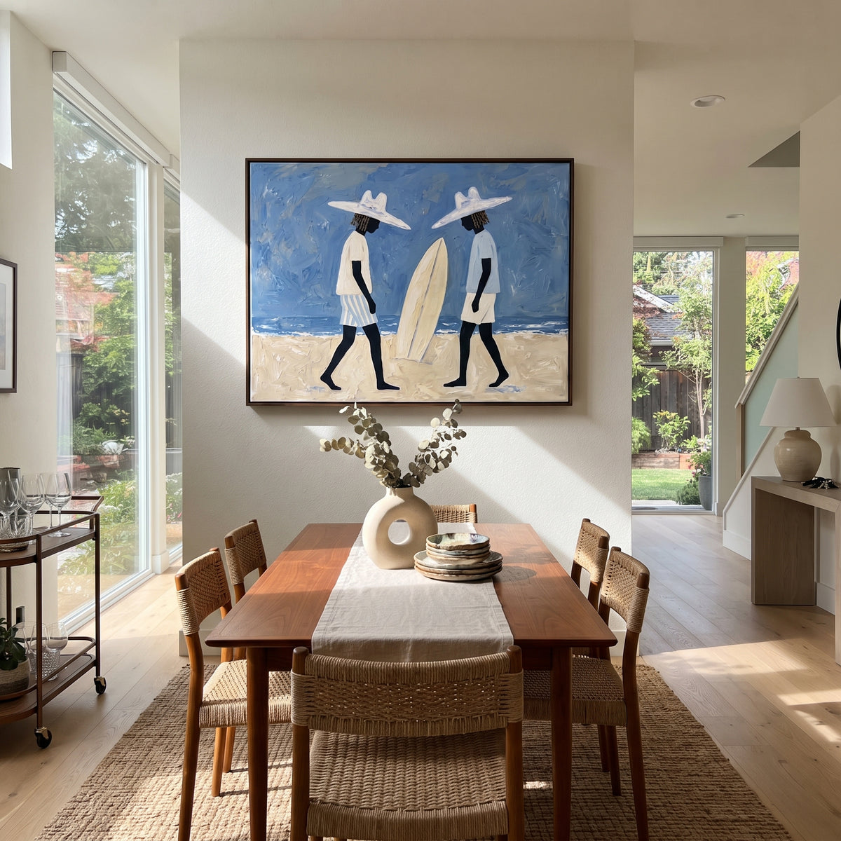 Palm Shade Surfboard Figure focuses on palm shade surfboard figure with white hats, surfboard forms, beach horizon, palm or checkered floor details. The composition is built from the exact pose, clothing shape, accessories, furniture, animal form, shoreline, palm shape, surfboard, or table arrangement visible in this artwork, so the image reads as a specific modern figurative painting rather than a generic decorative abstract. The blue; white; sand palette gives the piece its main atmosphere