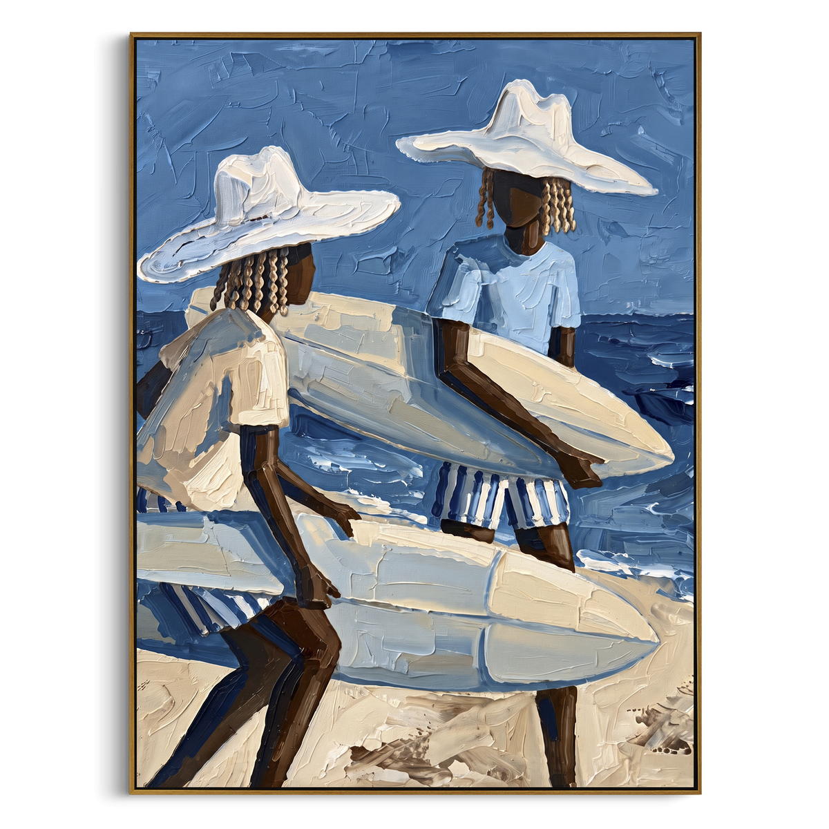 Sunset Palm Surfboard Walk focuses on sunset palm surfboard walk with white hats, surfboard forms, beach horizon, palm or checkered floor details. The composition is built from the exact pose, clothing shape, accessories, furniture, animal form, shoreline, palm shape, surfboard, or table arrangement visible in this artwork, so the image reads as a specific modern figurative painting rather than a generic decorative abstract. The blue; white; sand palette gives the piece its main atmosphere