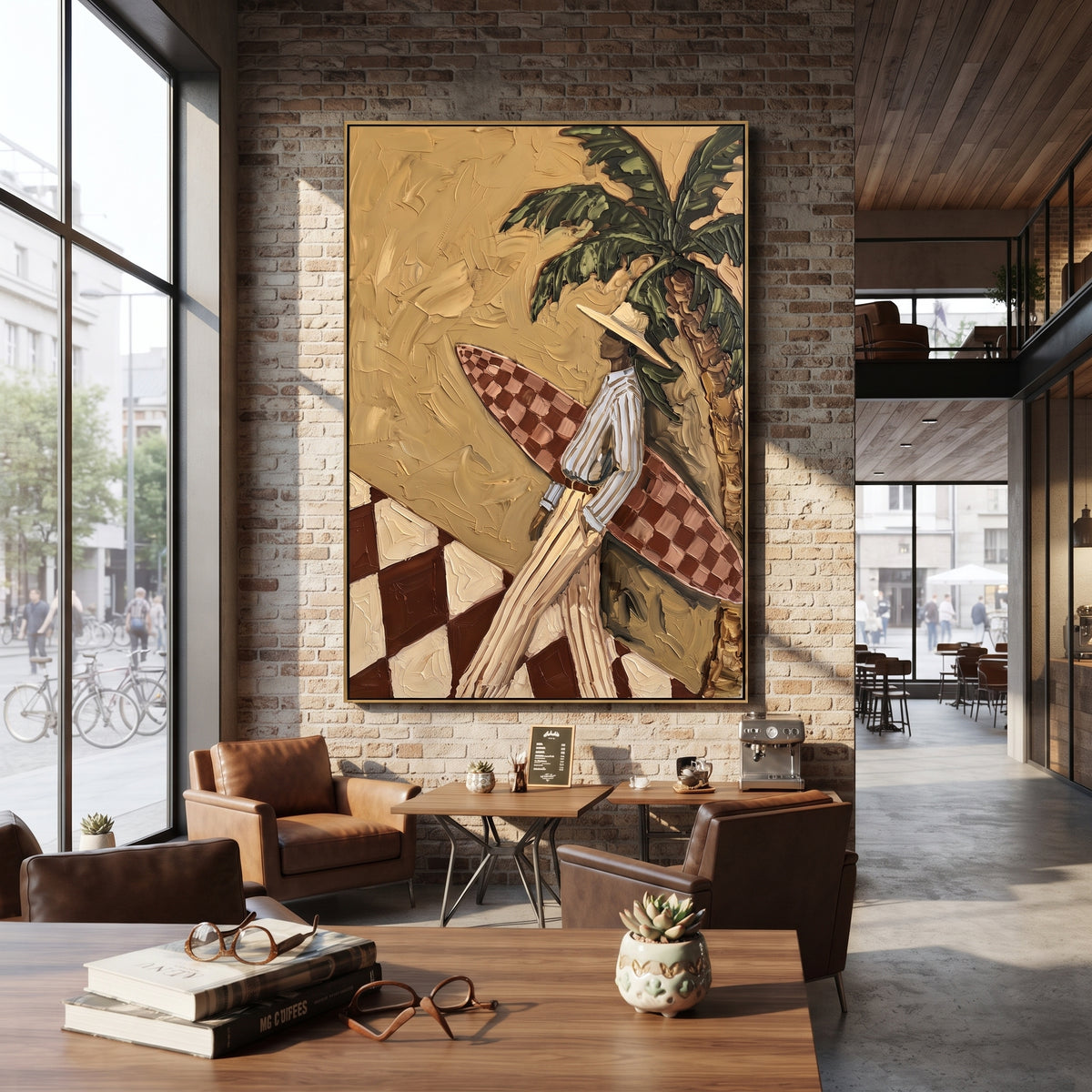 Tall Card Table Cowgirls focuses on tall card table cowgirls with two western figures, wide hats, black table or bar surface, martini glasses, floating playing cards, and dark olive saloon ground. The composition is built from the exact pose, clothing shape, accessories, furniture, animal form, shoreline, palm shape, surfboard, or table arrangement visible in this artwork, so the image reads as a specific modern figurative painting rather than a generic decorative abstract. The green; pink