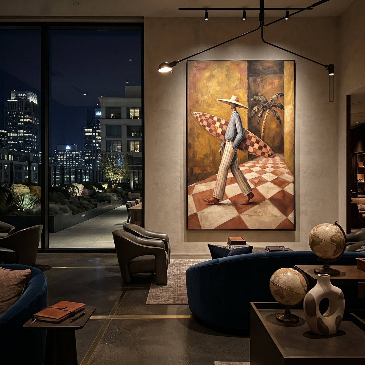 Orange Glow Poker Pair focuses on orange glow poker pair with two western figures, wide hats, black table or bar surface, martini glasses, floating playing cards, and dark olive saloon ground. The composition is built from the exact pose, clothing shape, accessories, furniture, animal form, shoreline, palm shape, surfboard, or table arrangement visible in this artwork, so the image reads as a specific modern figurative painting rather than a generic decorative abstract. The green; pink; black