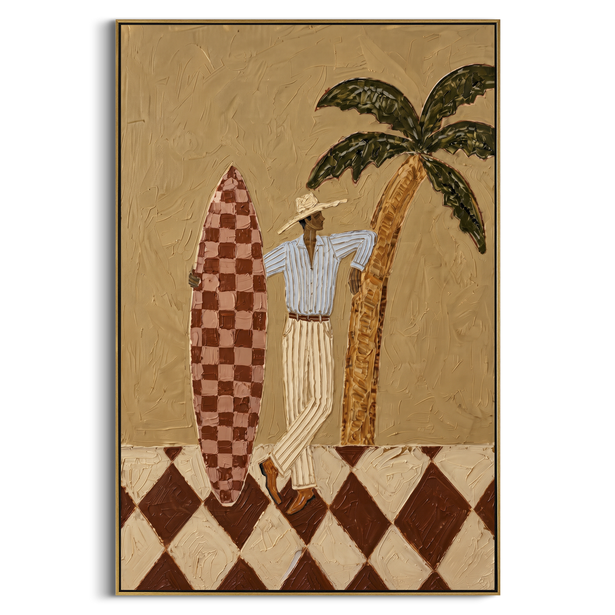 Gold Suit Pink Poker Table focuses on gold suit pink poker table with two western figures, wide hats, black table or bar surface, martini glasses, floating playing cards, and dark olive saloon ground. The composition is built from the exact pose, clothing shape, accessories, furniture, animal form, shoreline, palm shape, surfboard, or table arrangement visible in this artwork, so the image reads as a specific modern figurative painting rather than a generic decorative abstract. The green; pink