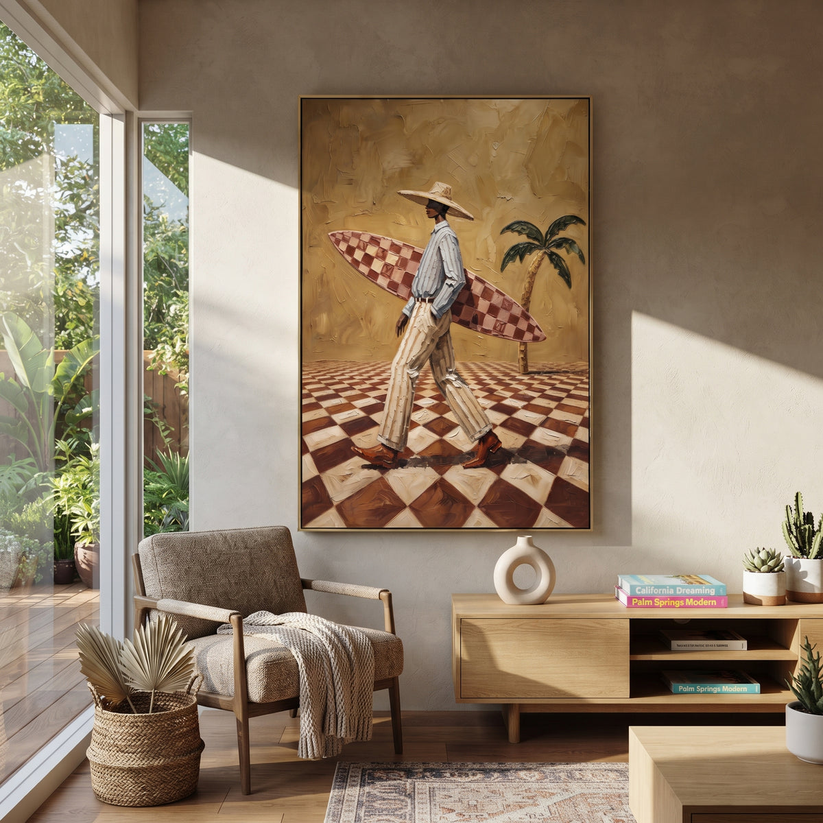 Cream Hat Card Toast focuses on cream hat card toast with two western figures, wide hats, black table or bar surface, martini glasses, floating playing cards, and dark olive saloon ground. The composition is built from the exact pose, clothing shape, accessories, furniture, animal form, shoreline, palm shape, surfboard, or table arrangement visible in this artwork, so the image reads as a specific modern figurative painting rather than a generic decorative abstract. The green; pink; black