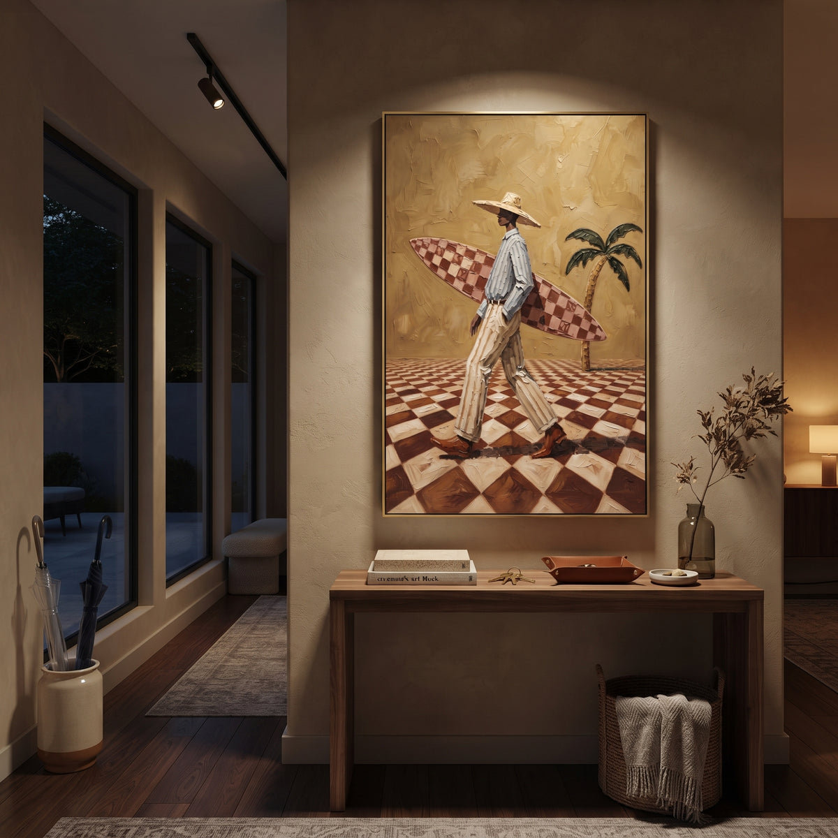 Cream Hat Card Toast focuses on cream hat card toast with two western figures, wide hats, black table or bar surface, martini glasses, floating playing cards, and dark olive saloon ground. The composition is built from the exact pose, clothing shape, accessories, furniture, animal form, shoreline, palm shape, surfboard, or table arrangement visible in this artwork, so the image reads as a specific modern figurative painting rather than a generic decorative abstract. The green; pink; black