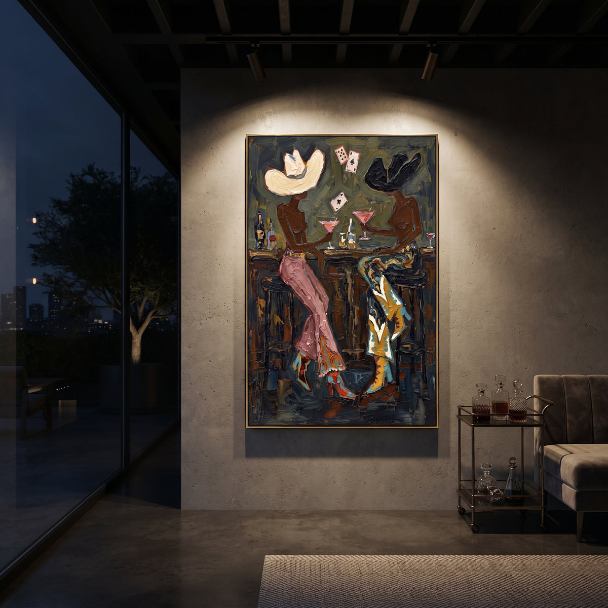 Dark Martini Poker Pair focuses on dark martini poker pair with two western figures, wide hats, black table or bar surface, martini glasses, floating playing cards, and dark olive saloon ground. The composition is built from the exact pose, clothing shape, accessories, furniture, animal form, shoreline, palm shape, surfboard, or table arrangement visible in this artwork, so the image reads as a specific modern figurative painting rather than a generic decorative abstract. The green; pink; black
