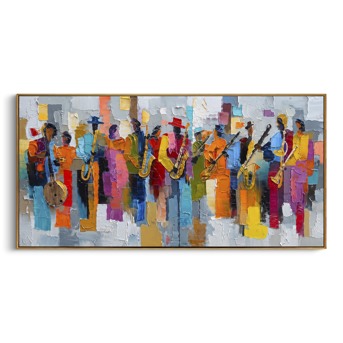 Colorful Jazz Band Line centers on a row of jazz musicians with saxophone, guitar, drums, and bright patchwork color blocks on a pale textured ground. The visual structure is specific to this artwork: the main instrument shapes, note marks, performer silhouettes, brush direction, and surrounding color fields are arranged as a single musical composition rather than as a generic decorative pattern. The blue, yellow, orange palette sets the mood, with dark linework, pale negative space, and