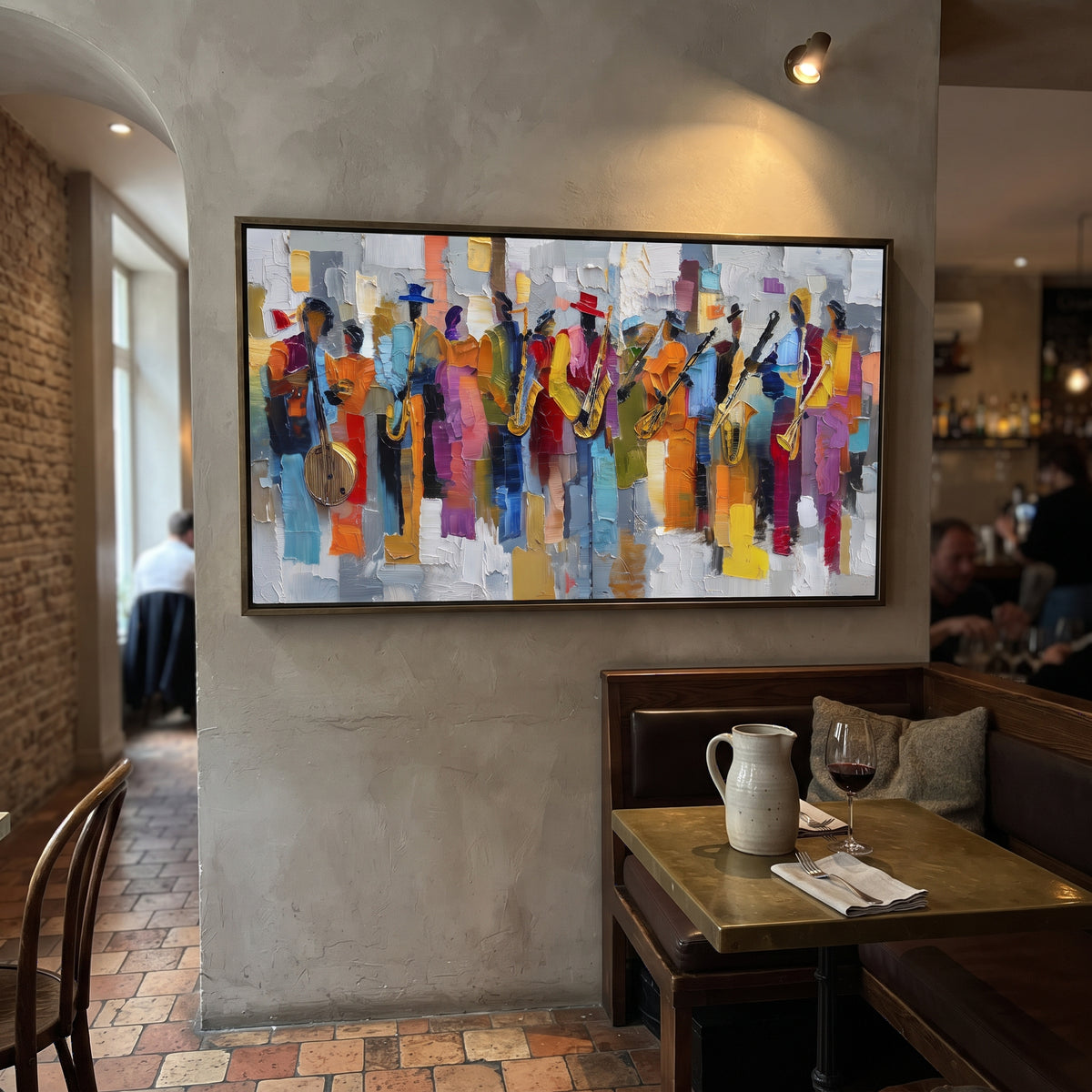 Colorful Jazz Band Line centers on a row of jazz musicians with saxophone, guitar, drums, and bright patchwork color blocks on a pale textured ground. The visual structure is specific to this artwork: the main instrument shapes, note marks, performer silhouettes, brush direction, and surrounding color fields are arranged as a single musical composition rather than as a generic decorative pattern. The blue, yellow, orange palette sets the mood, with dark linework, pale negative space, and