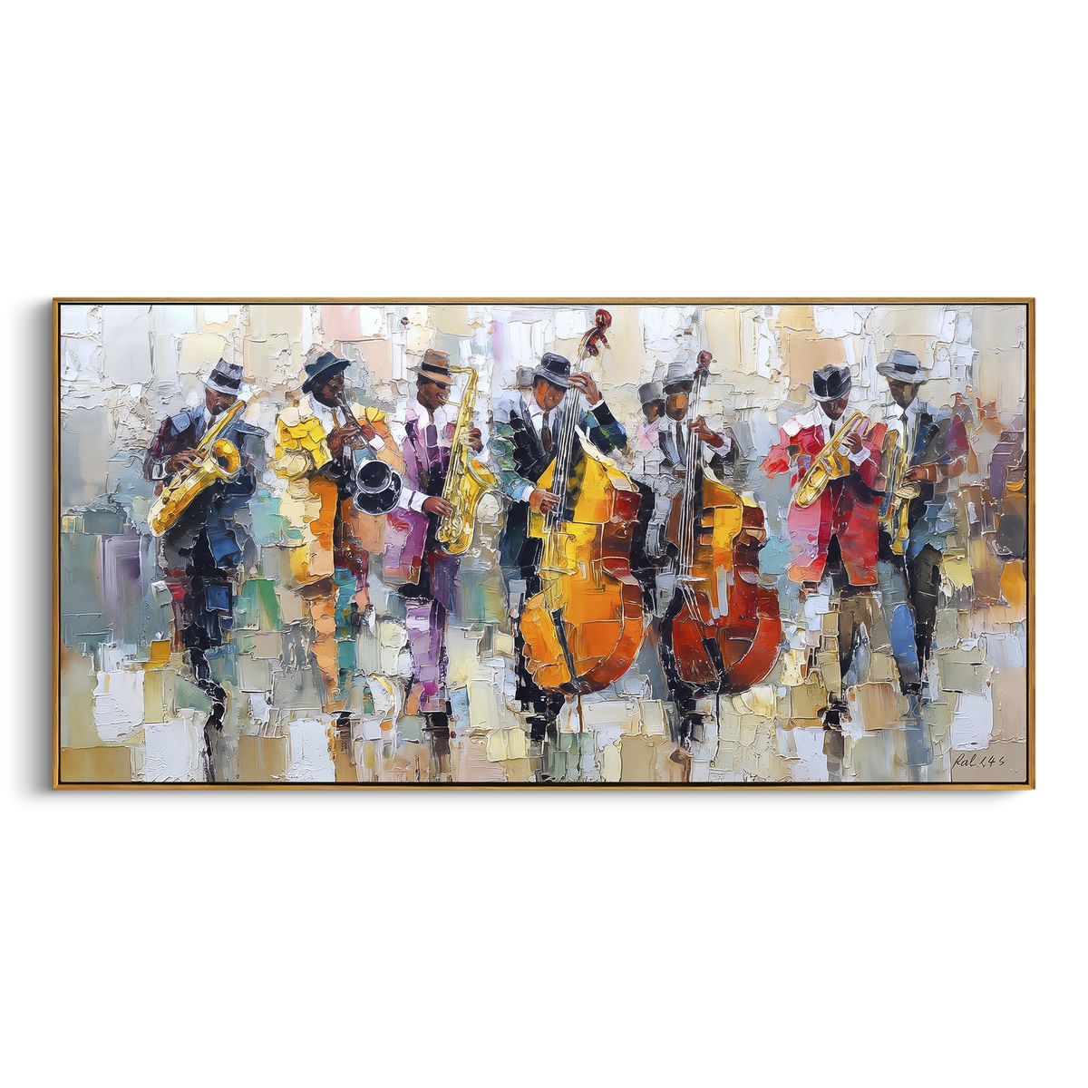 White Hat Jazz Ensemble centers on a lively jazz ensemble in white hats with saxophones, upright basses, drum forms, and reflected color marks. The visual structure is specific to this artwork: the main instrument shapes, note marks, performer silhouettes, brush direction, and surrounding color fields are arranged as a single musical composition rather than as a generic decorative pattern. The white, yellow, blue palette sets the mood, with dark linework, pale negative space, and saturated