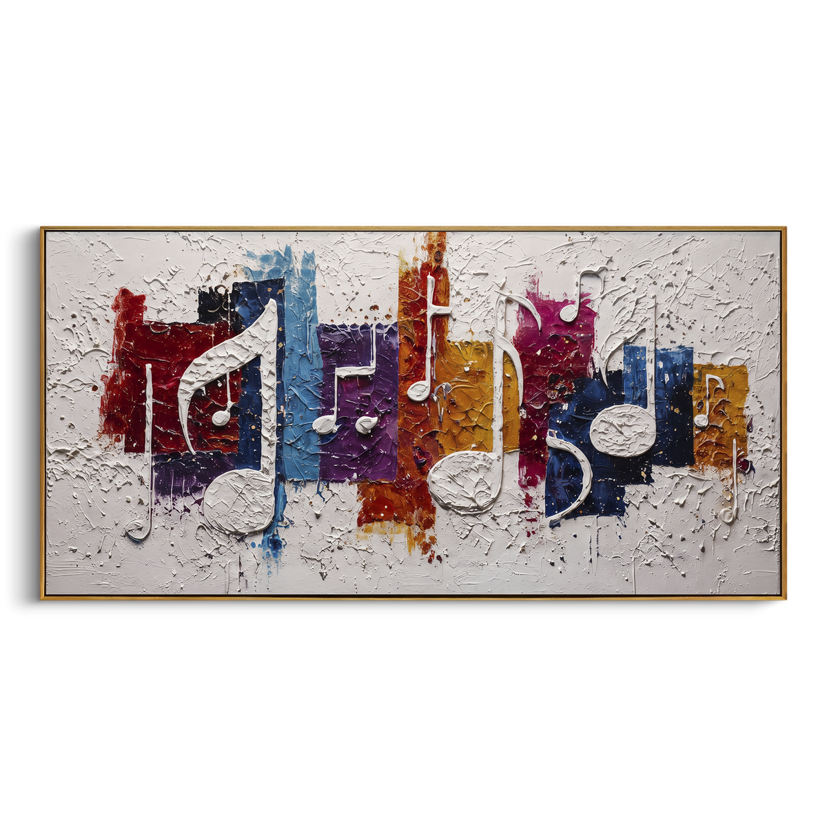 Treble Clef Color Blocks centers on large white treble clef and raised notes over red blue yellow color blocks and cracked pale texture. The visual structure is specific to this artwork: the main instrument shapes, note marks, performer silhouettes, brush direction, and surrounding color fields are arranged as a single musical composition rather than as a generic decorative pattern. The white, red, blue palette sets the mood, with dark linework, pale negative space, and saturated accents guiding