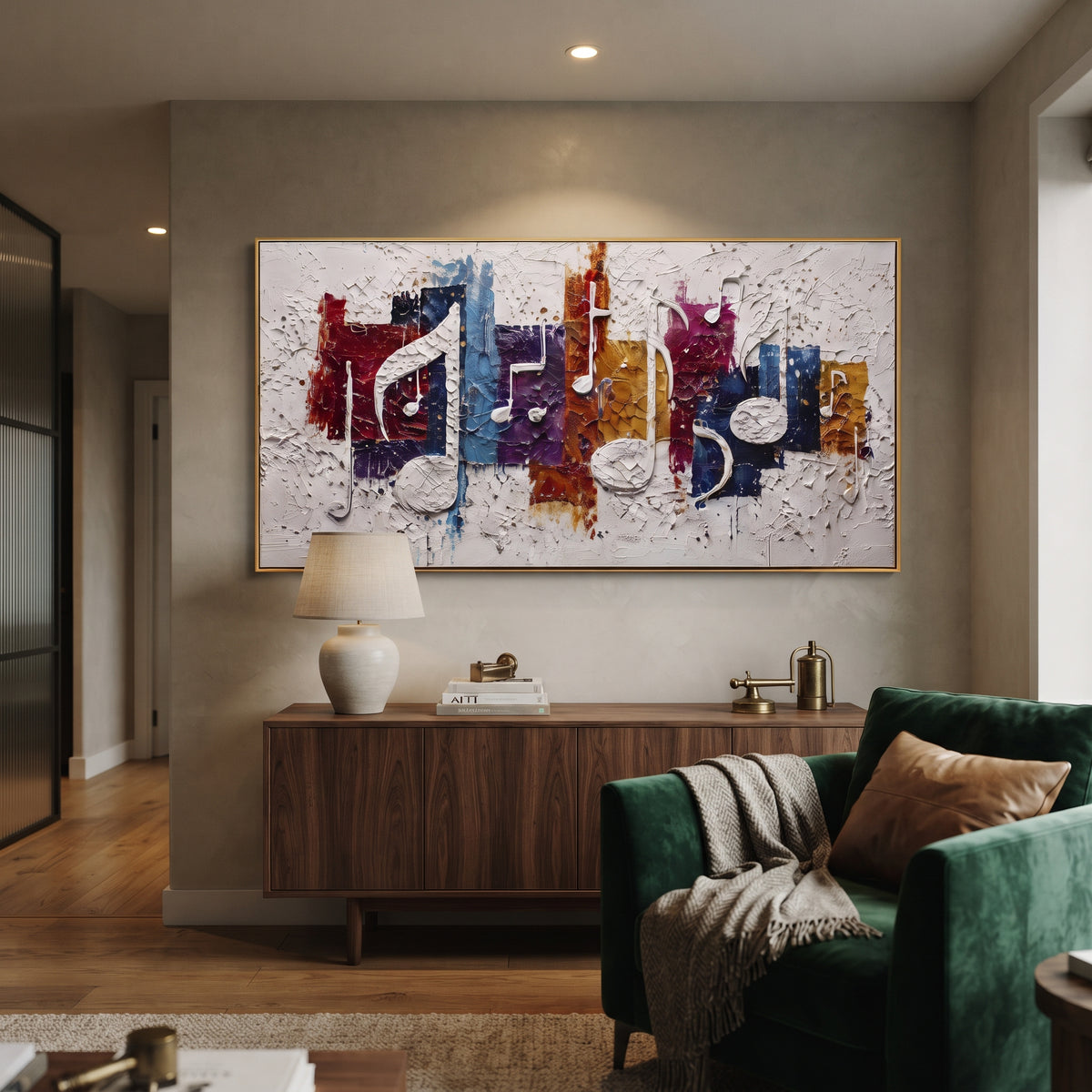 Treble Clef Color Blocks centers on large white treble clef and raised notes over red blue yellow color blocks and cracked pale texture. The visual structure is specific to this artwork: the main instrument shapes, note marks, performer silhouettes, brush direction, and surrounding color fields are arranged as a single musical composition rather than as a generic decorative pattern. The white, red, blue palette sets the mood, with dark linework, pale negative space, and saturated accents guiding
