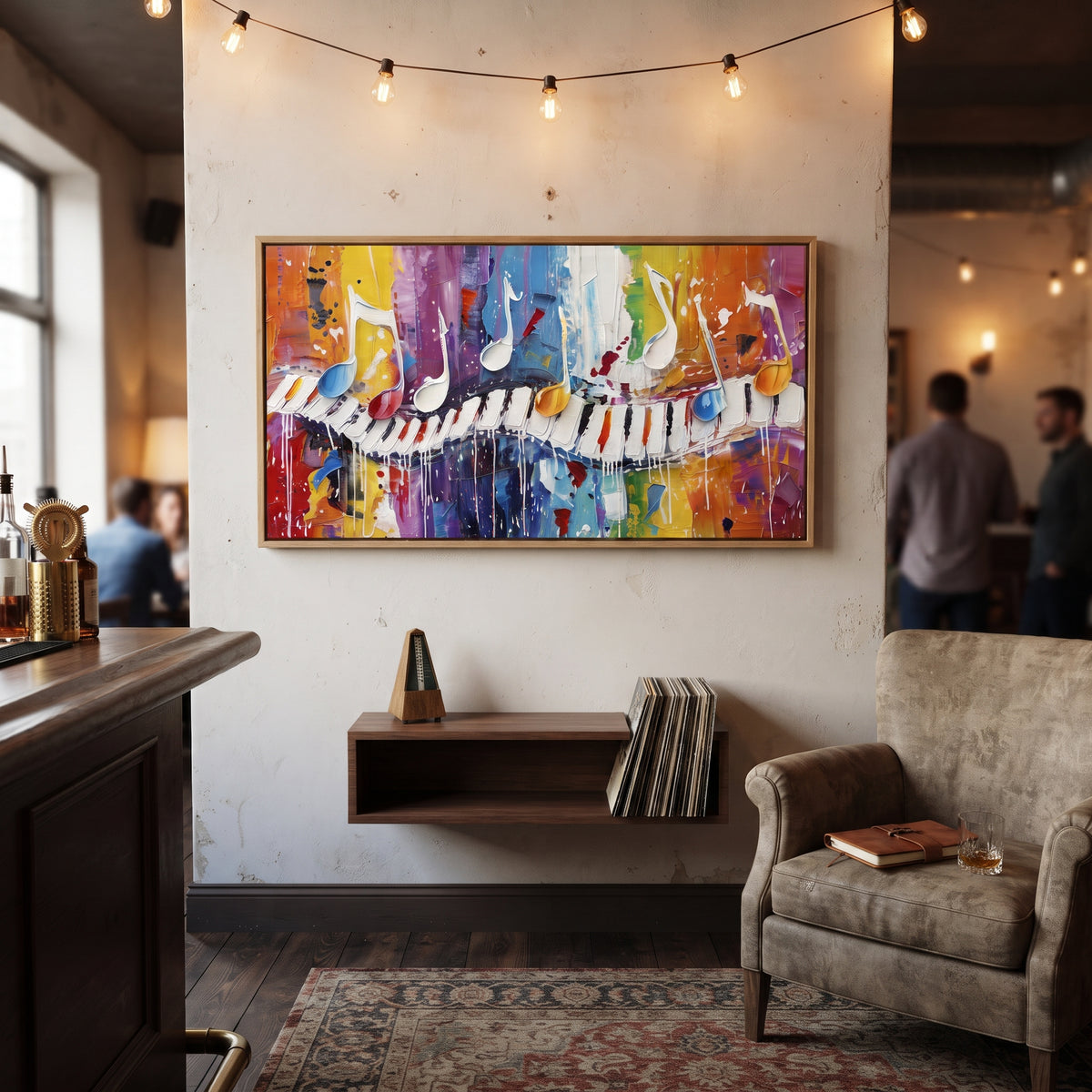 Rainbow Piano Keys centers on piano keys crossing a vivid rainbow color field with raised white notes and dripping paint accents. The visual structure is specific to this artwork: the main instrument shapes, note marks, performer silhouettes, brush direction, and surrounding color fields are arranged as a single musical composition rather than as a generic decorative pattern. The red, yellow, blue palette sets the mood, with dark linework, pale negative space, and saturated accents guiding the
