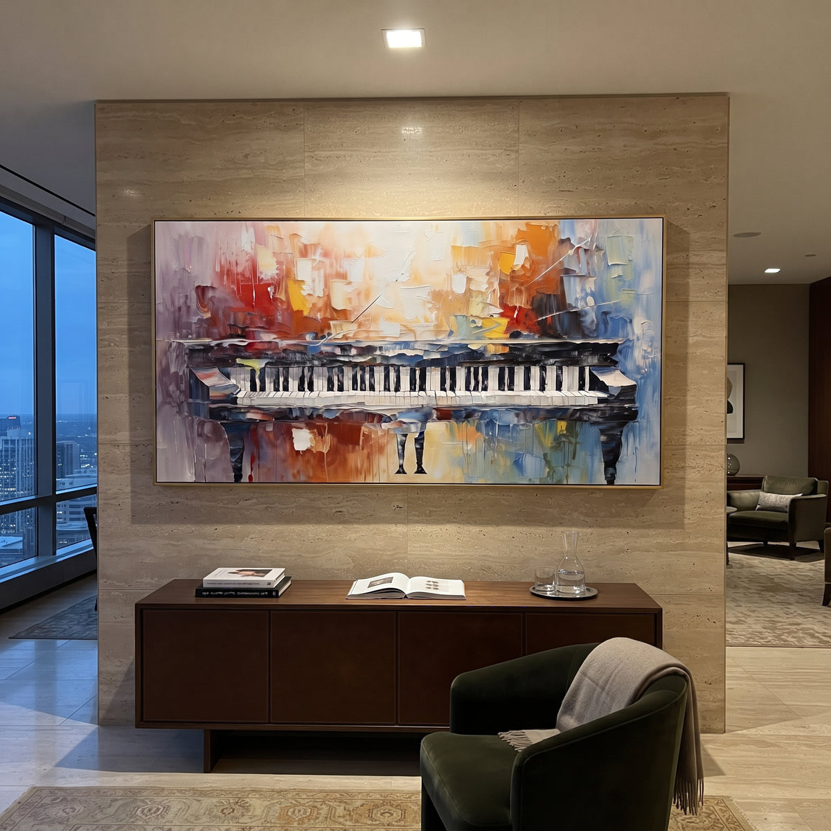 Grand Piano Color Reflection centers on a grand piano stretched across a warm orange blue abstract room with soft reflected keys. The visual structure is specific to this artwork: the main instrument shapes, note marks, performer silhouettes, brush direction, and surrounding color fields are arranged as a single musical composition rather than as a generic decorative pattern. The orange, blue, grey palette sets the mood, with dark linework, pale negative space, and saturated accents guiding the