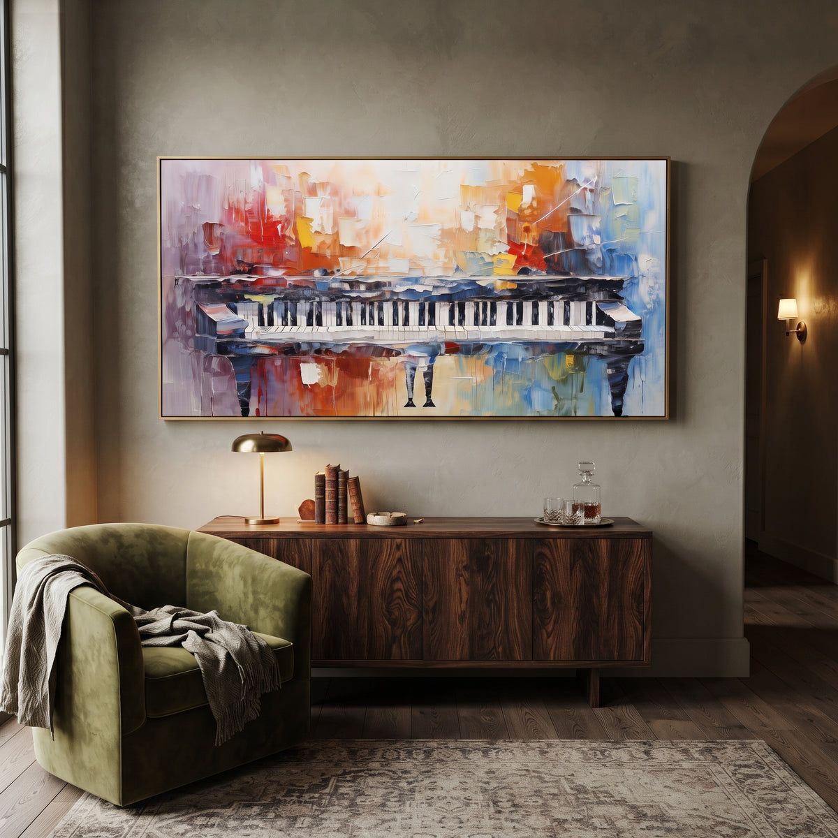 Grand Piano Color Reflection centers on a grand piano stretched across a warm orange blue abstract room with soft reflected keys. The visual structure is specific to this artwork: the main instrument shapes, note marks, performer silhouettes, brush direction, and surrounding color fields are arranged as a single musical composition rather than as a generic decorative pattern. The orange, blue, grey palette sets the mood, with dark linework, pale negative space, and saturated accents guiding the