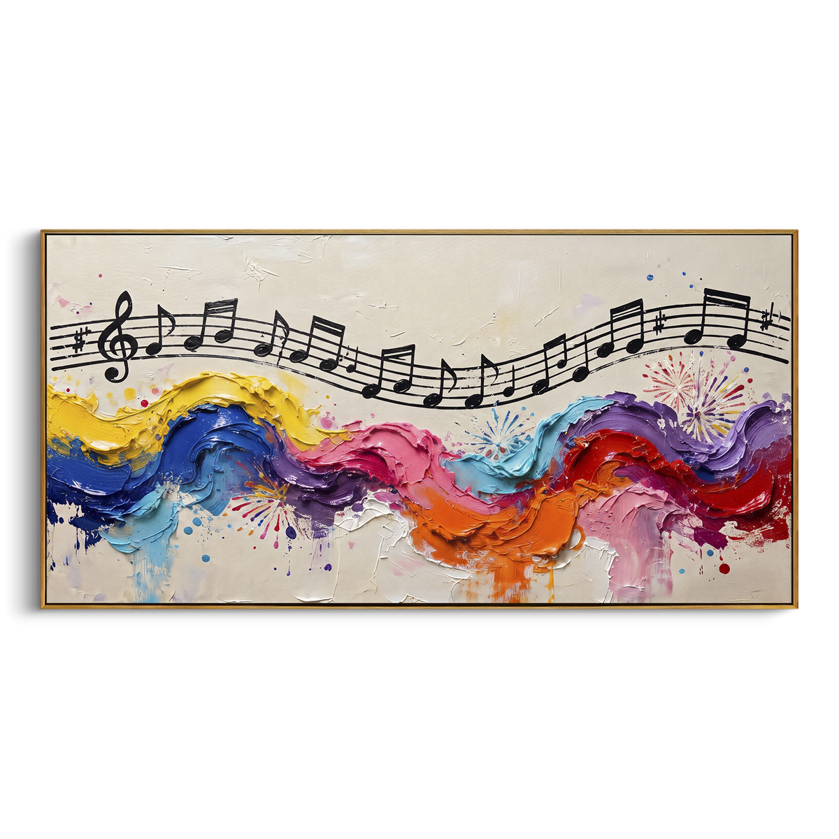Rainbow Staff Wave centers on black music staff riding over thick yellow blue pink red waves and splattered white ground. The visual structure is specific to this artwork: the main instrument shapes, note marks, performer silhouettes, brush direction, and surrounding color fields are arranged as a single musical composition rather than as a generic decorative pattern. The yellow, blue, pink palette sets the mood, with dark linework, pale negative space, and saturated accents guiding the eye