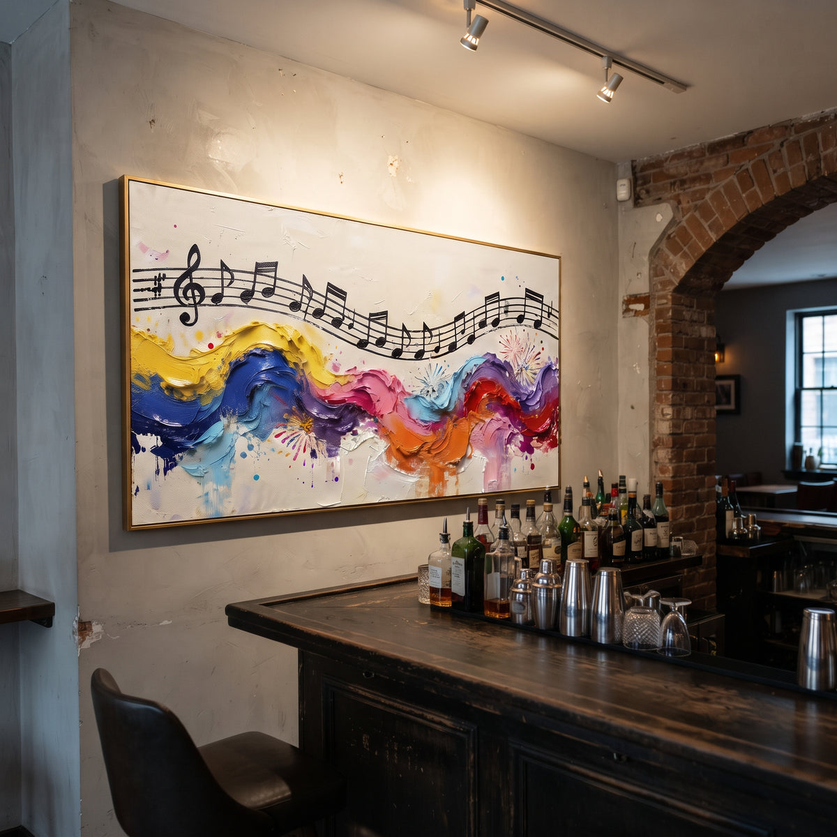 Rainbow Staff Wave centers on black music staff riding over thick yellow blue pink red waves and splattered white ground. The visual structure is specific to this artwork: the main instrument shapes, note marks, performer silhouettes, brush direction, and surrounding color fields are arranged as a single musical composition rather than as a generic decorative pattern. The yellow, blue, pink palette sets the mood, with dark linework, pale negative space, and saturated accents guiding the eye