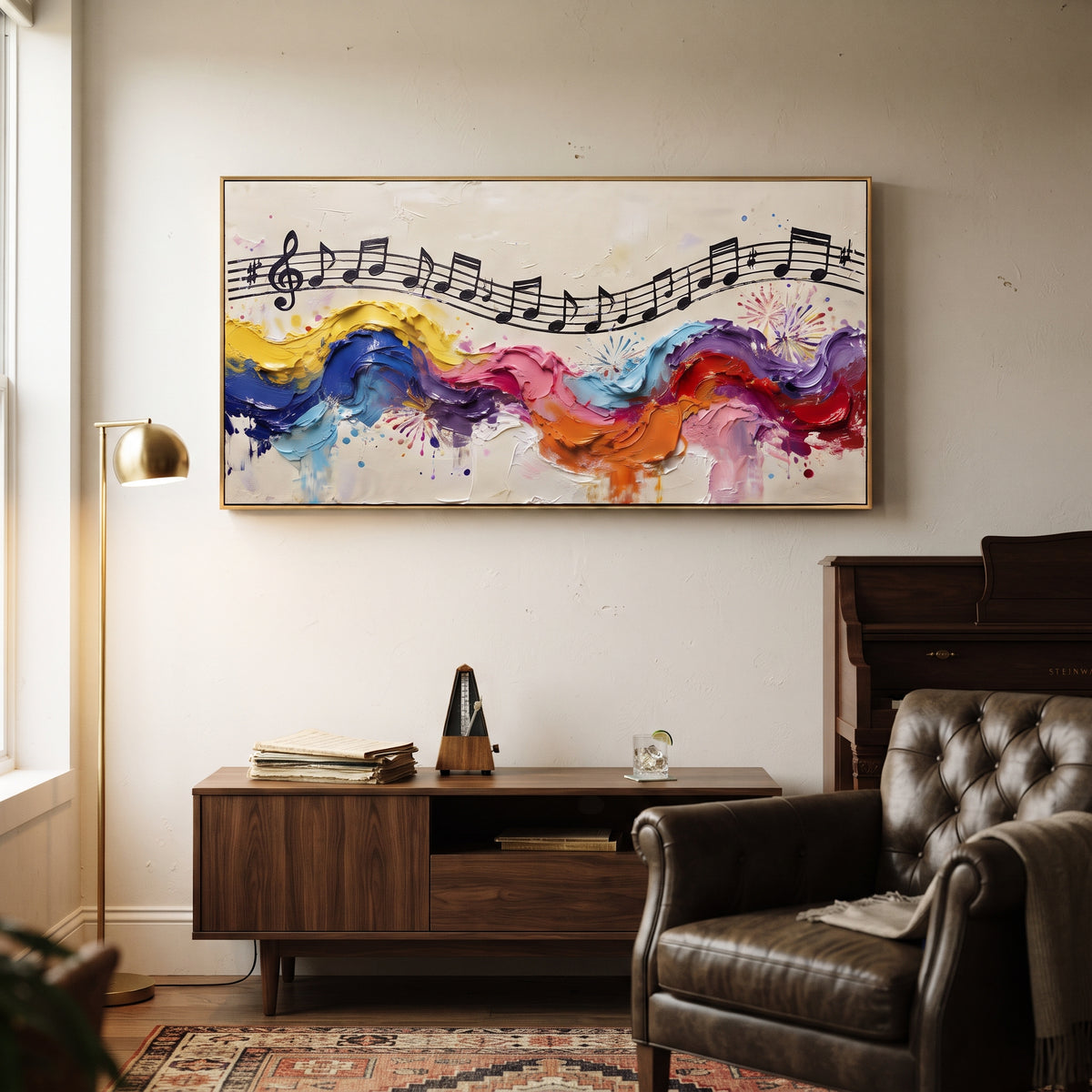 Rainbow Staff Wave centers on black music staff riding over thick yellow blue pink red waves and splattered white ground. The visual structure is specific to this artwork: the main instrument shapes, note marks, performer silhouettes, brush direction, and surrounding color fields are arranged as a single musical composition rather than as a generic decorative pattern. The yellow, blue, pink palette sets the mood, with dark linework, pale negative space, and saturated accents guiding the eye