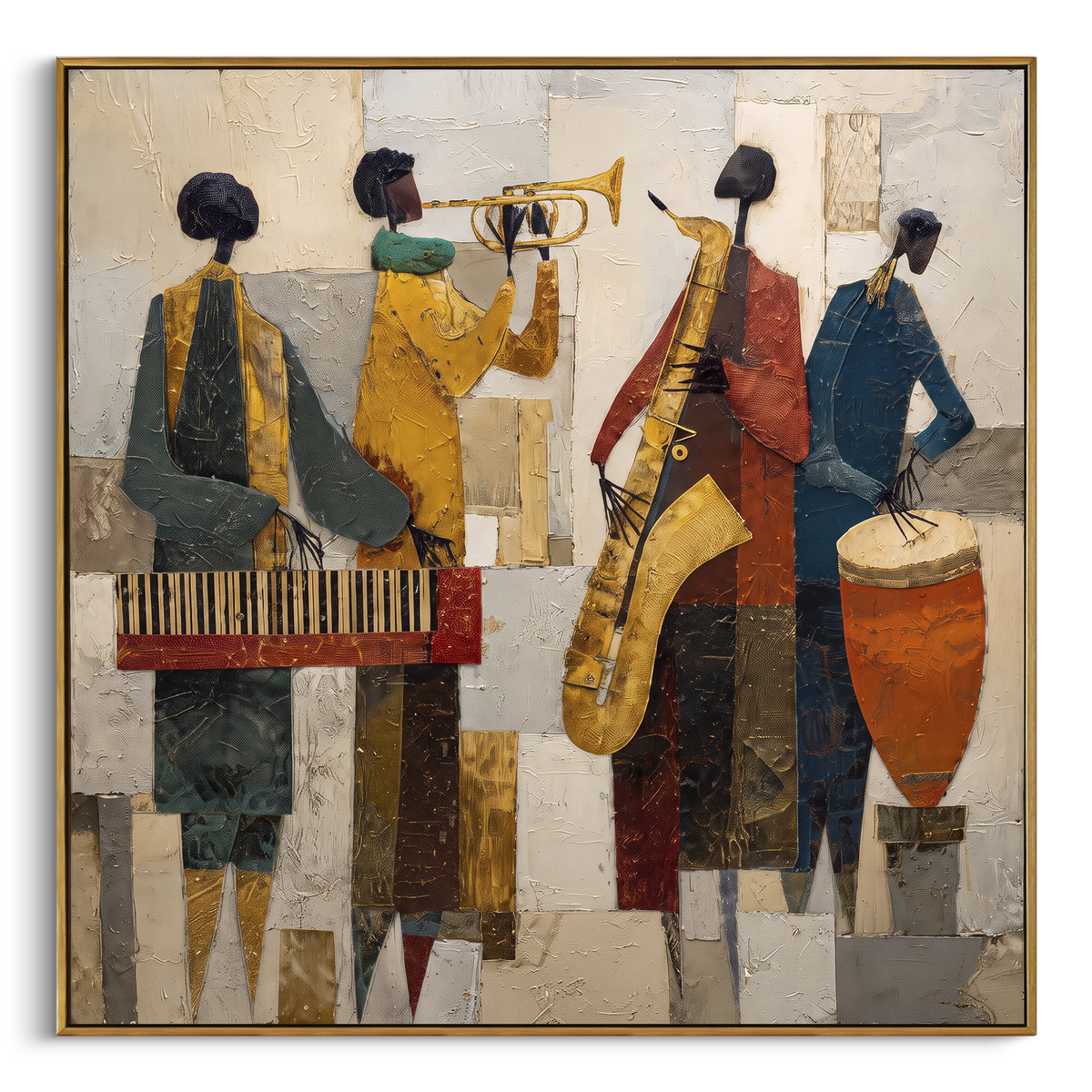 Cubist Brass Quartet centers on four cubist musicians with trumpet, saxophone, keyboard, and drum in ochre blue red neutral blocks. The visual structure is specific to this artwork: the main instrument shapes, note marks, performer silhouettes, brush direction, and surrounding color fields are arranged as a single musical composition rather than as a generic decorative pattern. The yellow, blue, red palette sets the mood, with dark linework, pale negative space, and saturated accents guiding the