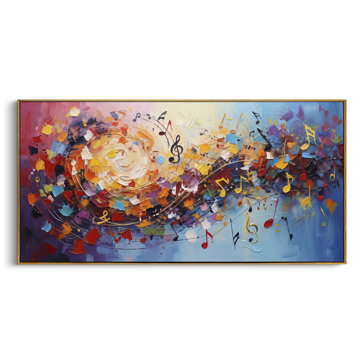 Sunburst Music Confetti centers on a circular sunburst of colorful notes and mosaic paint blocks moving across a blue musical field. The visual structure is specific to this artwork: the main instrument shapes, note marks, performer silhouettes, brush direction, and surrounding color fields are arranged as a single musical composition rather than as a generic decorative pattern. The orange, blue, pink palette sets the mood, with dark linework, pale negative space, and saturated accents guiding