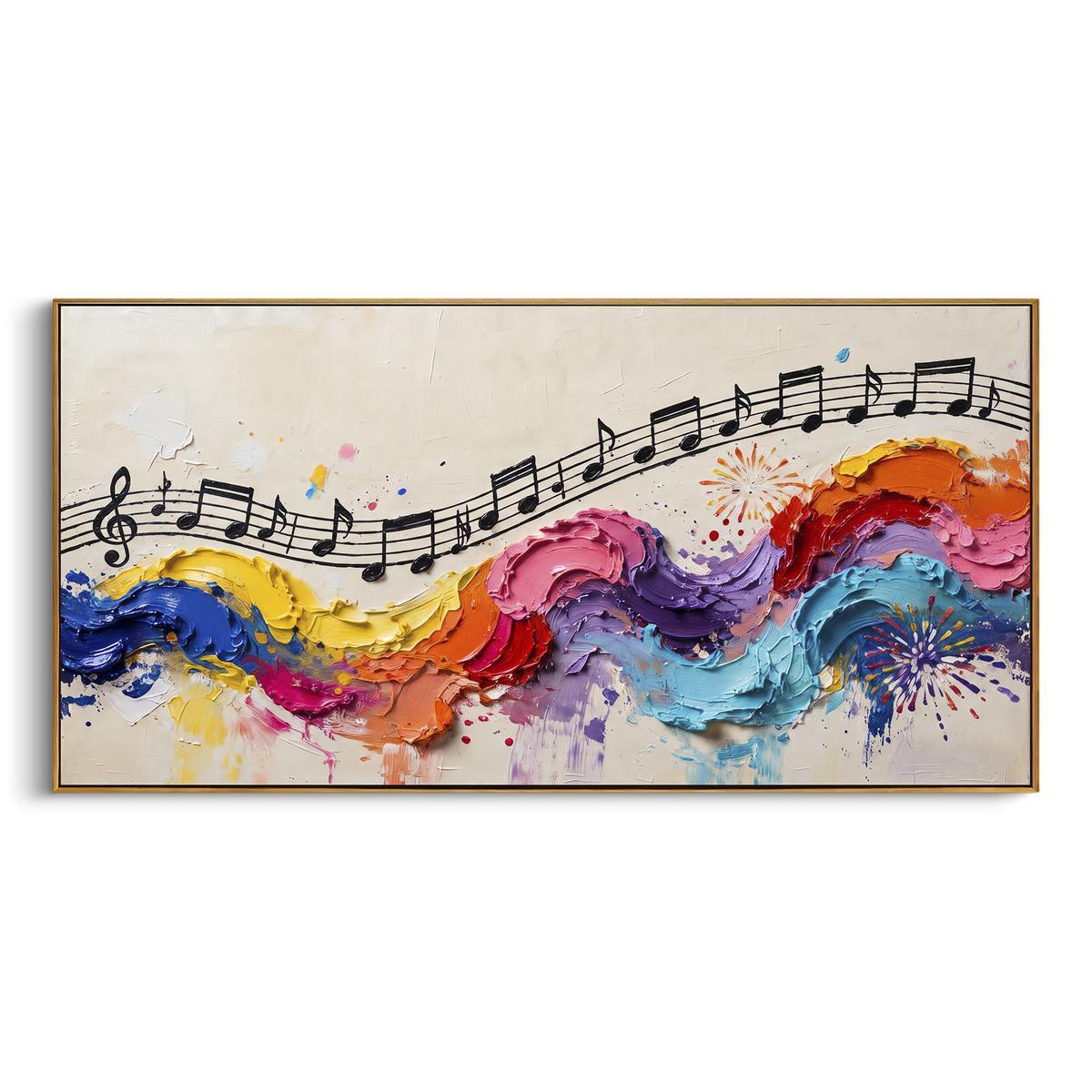 Ribbon Staff Music Wave centers on black staff notes above thick yellow pink purple turquoise ribbon waves and white splatter marks. The visual structure is specific to this artwork: the main instrument shapes, note marks, performer silhouettes, brush direction, and surrounding color fields are arranged as a single musical composition rather than as a generic decorative pattern. The yellow, pink, blue palette sets the mood, with dark linework, pale negative space, and saturated accents guiding