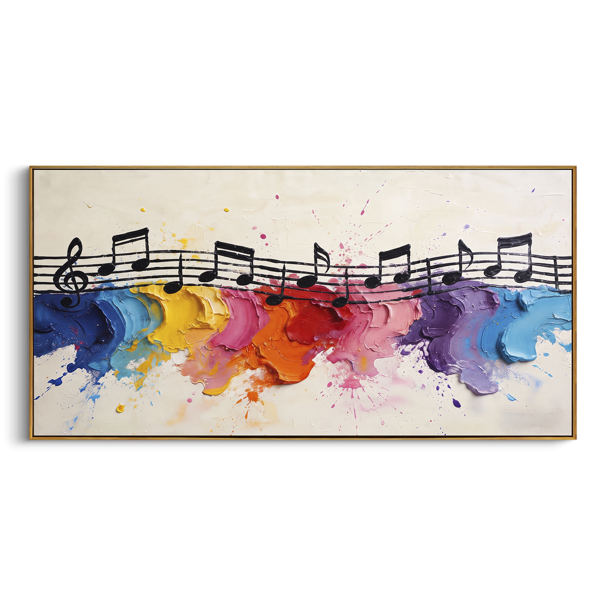 Rainbow Note Staff centers on black staff notes crossing a rainbow band of yellow red purple blue color on a clean white field. The visual structure is specific to this artwork: the main instrument shapes, note marks, performer silhouettes, brush direction, and surrounding color fields are arranged as a single musical composition rather than as a generic decorative pattern. The yellow, red, blue palette sets the mood, with dark linework, pale negative space, and saturated accents guiding the eye