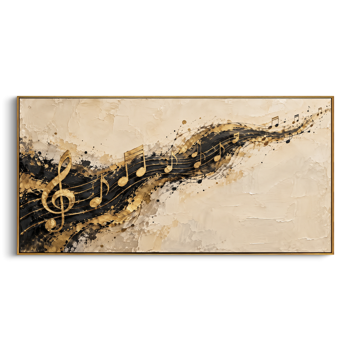 Baroque Gold Staff Scroll centers on ornate gold staff scrolls with treble clef, raised notes, and carved cream plaster movement. The visual structure is specific to this artwork: the main instrument shapes, note marks, performer silhouettes, brush direction, and surrounding color fields are arranged as a single musical composition rather than as a generic decorative pattern. The gold, beige, brown palette sets the mood, with dark linework, pale negative space, and saturated accents guiding the