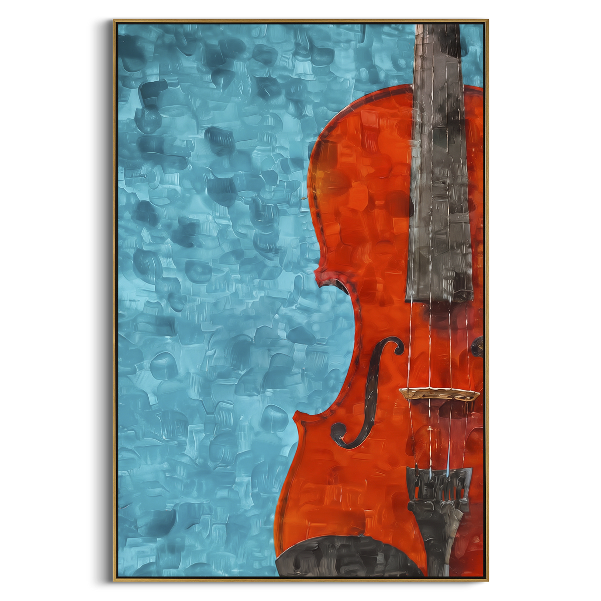 Blue Guitar Trio centers on three acoustic guitars arranged on blue textured ground with pale circular music marks behind them. The visual structure is specific to this artwork: the main instrument shapes, note marks, performer silhouettes, brush direction, and surrounding color fields are arranged as a single musical composition rather than as a generic decorative pattern. The blue, brown, beige palette sets the mood, with dark linework, pale negative space, and saturated accents guiding the