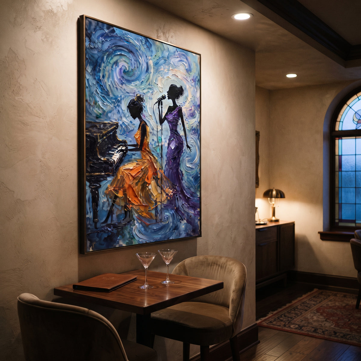 Treble Ribbon Linework centers on large colorful treble clef with thin black staff lines and sparse white space. The visual structure is specific to this artwork: the main instrument shapes, note marks, performer silhouettes, brush direction, and surrounding color fields are arranged as a single musical composition rather than as a generic decorative pattern. The blue, yellow, red palette sets the mood, with dark linework, pale negative space, and saturated accents guiding the eye through the