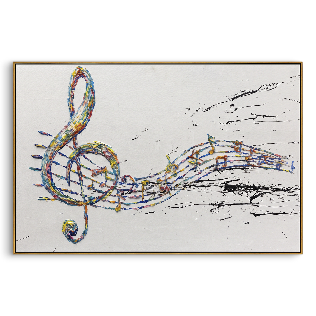 Golden Violin Linework centers on golden violin form stretched across white field with blue black brown splattered string marks. The visual structure is specific to this artwork: the main instrument shapes, note marks, performer silhouettes, brush direction, and surrounding color fields are arranged as a single musical composition rather than as a generic decorative pattern. The gold, blue, brown palette sets the mood, with dark linework, pale negative space, and saturated accents guiding the