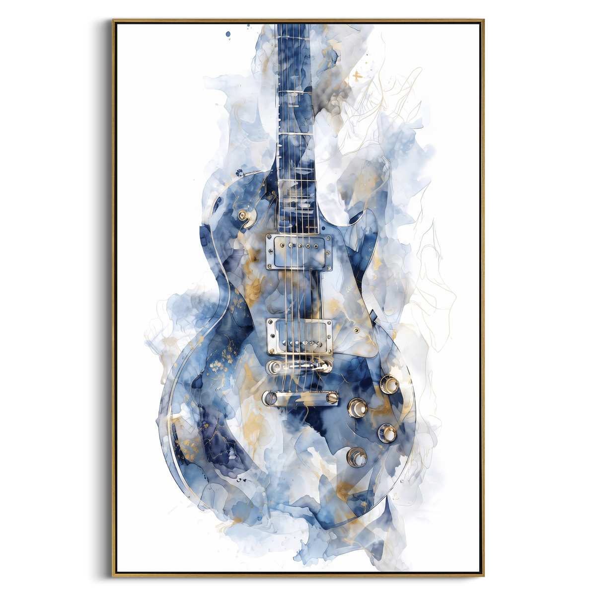 Bright Acoustic Guitar Burst centers on warm acoustic guitar on vivid red blue yellow background with floating notes and paint drips. The visual structure is specific to this artwork: the main instrument shapes, note marks, performer silhouettes, brush direction, and surrounding color fields are arranged as a single musical composition rather than as a generic decorative pattern. The brown, red, blue palette sets the mood, with dark linework, pale negative space, and saturated accents guiding