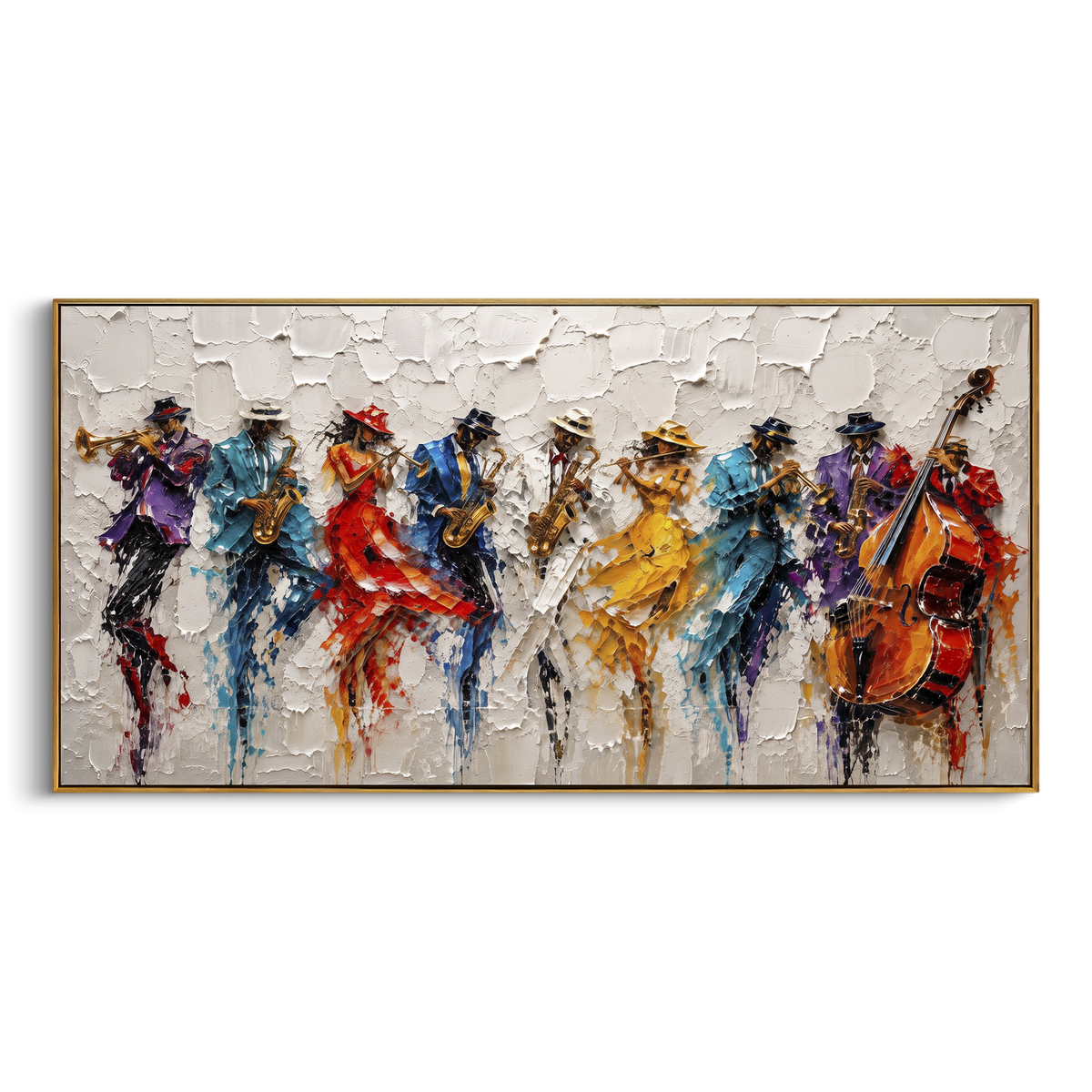 Bursting Saxophone Solo centers on vertical saxophone exploding into multicolor feather-like strokes from a white blue background. The visual structure is specific to this artwork: the main instrument shapes, note marks, performer silhouettes, brush direction, and surrounding color fields are arranged as a single musical composition rather than as a generic decorative pattern. The blue, yellow, orange palette sets the mood, with dark linework, pale negative space, and saturated accents guiding